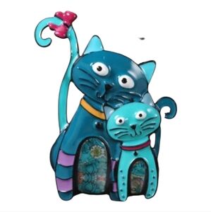 Cat Kitty With Bow Enamel Metal Brooch Pin, Teal Blue